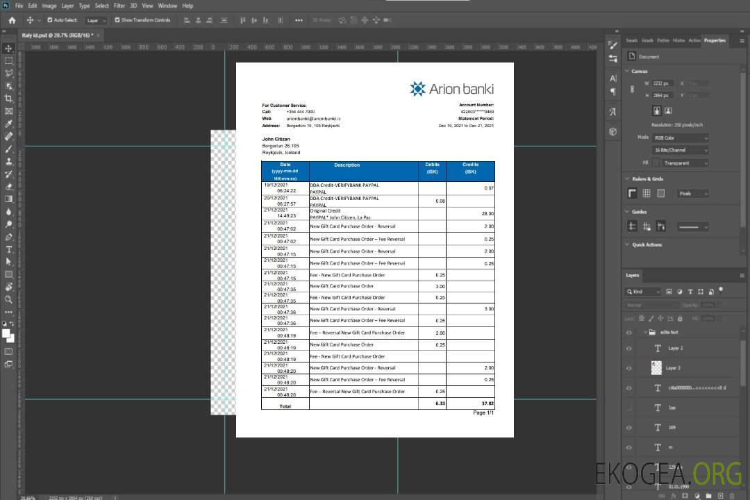 Relevé de la banque Arion d'Islande, modèle facile à remplir au format de fichier .xls et .pdf template